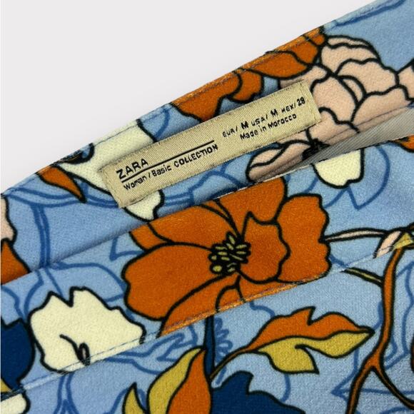 Zara 70's Retro Blue Floral Bell Sleeve Deep V-Neck Mini Dress Medium - Picture 4 of 5